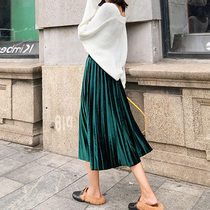Golden velvet pleated skirt womens autumn and winter long high waist slim a long skirt retro fashion velvet skirt