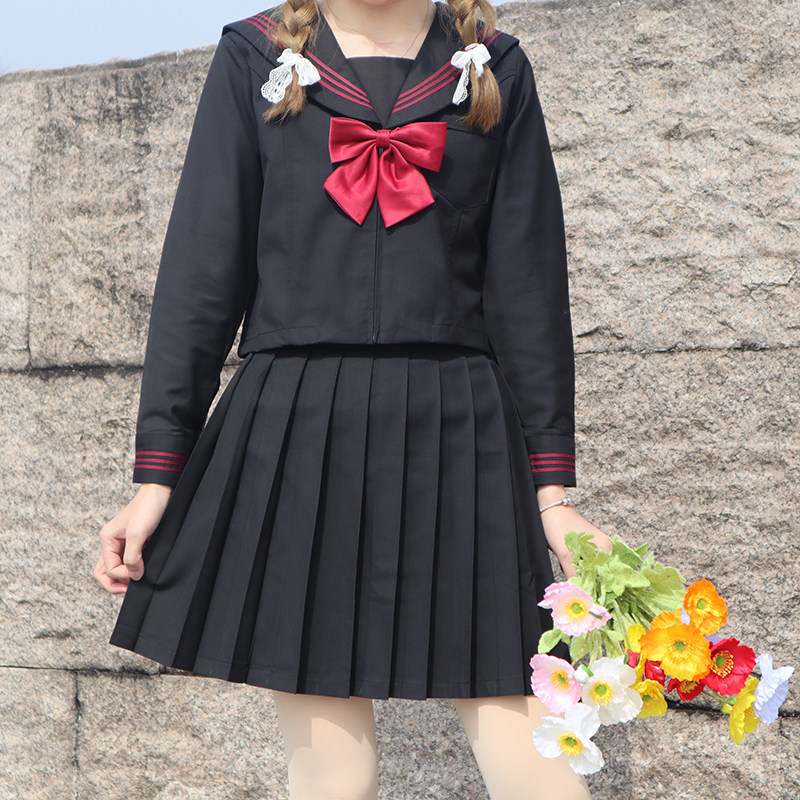 Basic red three Japanese genuine jk uniform skirt spring and summer long-sleeved full suit orthodox sailor uniform class uniform