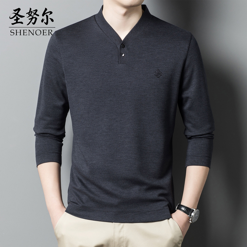 San Nul Men's Long Sleeve T-Shirt for Spring and Autumn, Business Casual Cotton V-Neck Top, Dad Style, Silk and Cashmere Base Shirt