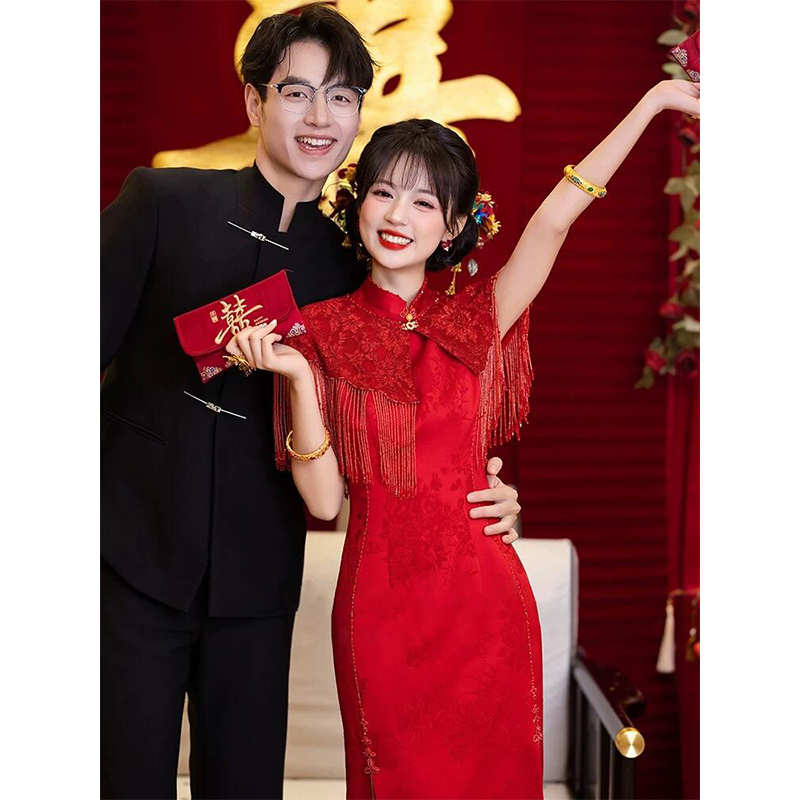 New Chinese-Style Engagement Dress, Burgundy, High-End Bridal Wedding Thank-You Banquet Robe, Homecoming Casual Cheongsam