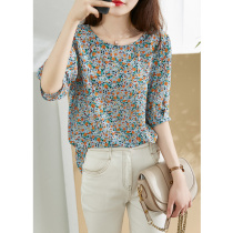 2021 new floral silk shirt womens summer round neck thin foreign style small shirt loose lantern sleeve printed top tide