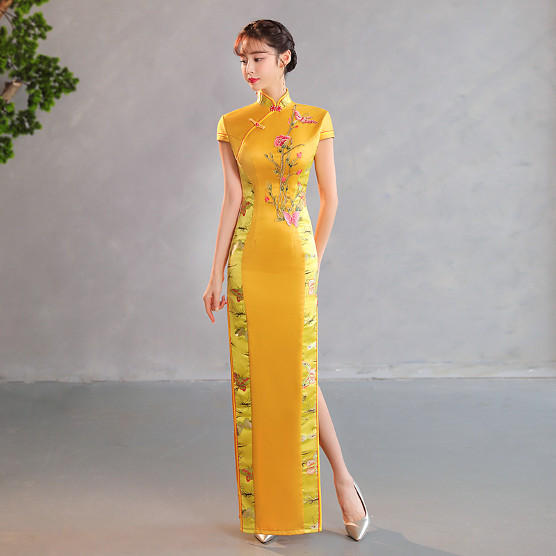 Classic cheongsam, long skirt, dress, Chinese style, bright catchy style