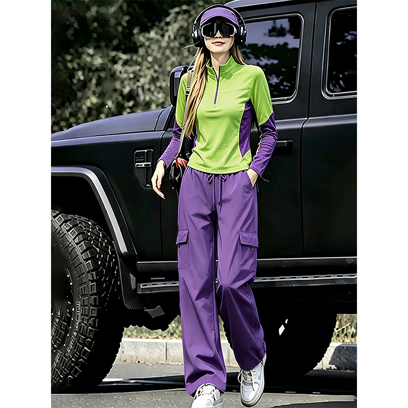 Purple Hiking Suit for Women, New Autumn Style, Color-Blocking, Age-Reducing, Long-Sleeved, Loose-Fitting, Slimming Cargo Pants Two-Piece Set Purple Hiking Suit for Women, New Autumn Style, Color-Blocking, Age-Reducing, Long-Sleeved, Loose-Fitting, Slimming Cargo Pants Two-Piece Set