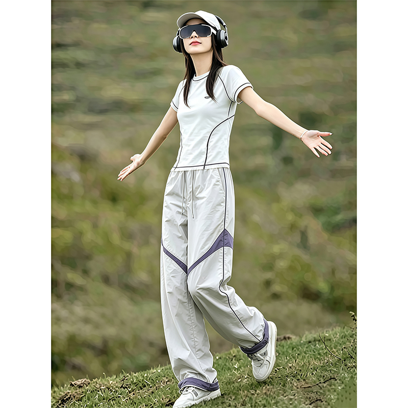 Casual Sports Quick-Drying Clothing Set for Women, Summer Thin Style, Slimming Short-Sleeved T-Shirt, Contrasting Color Wide-Leg Pants Two-Piece Set Casual Sports Quick-Drying Clothing Set for Women, Summer Thin Style, Slimming Short-Sleeved T-Shirt, Contrasting Color Wide-Leg Pants Two-Piece Set