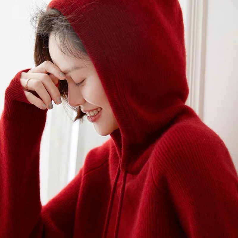 Christmas Red Hooded 100% Pure Cashmere Sweater for Women, Thickened Loose Hooded Sweater, Casual New Year Red Robe