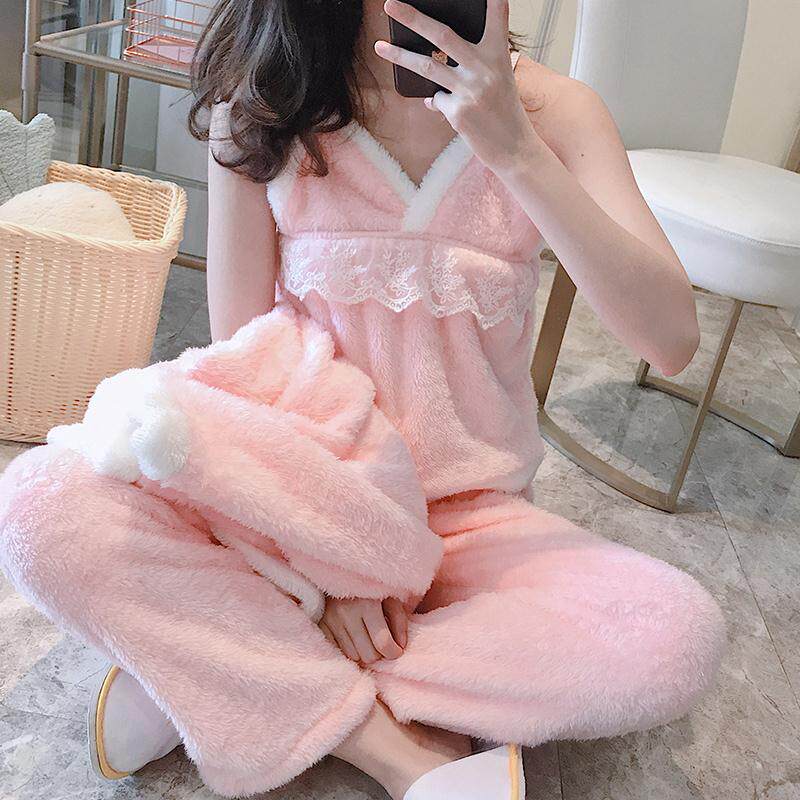Coral Suede Pajamas Woman Winter Sweet and cute Korean version Sexy flannel Thickened Three Home Suits Four Suits