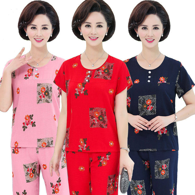Mother's pyjamas summer cotton silk short sleeves Two sets of artificial cotton large size sizes can be worn out of the elderly Home Suits Suit Women