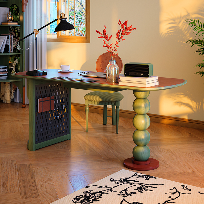 Perforated Board Integrated Desk, Antique-Style Solid Wood Desk with Drawers, French Retro Desk, Storage Rack, Computer Desk
