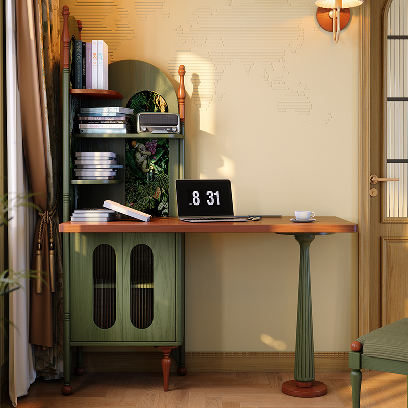 Solid Wood Desk for Small Bedrooms, French Vintage Corner Desk with Integrated Bookshelf, Mid-Century Style Corner Computer Desk