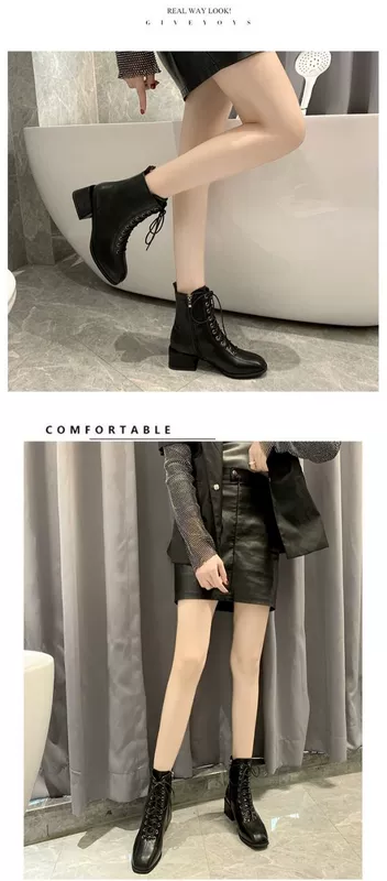 Retro lưới màu đỏ khởi động trẻ em 2020 mùa thu mới Martin boots nữ Phong cách Anh đế vuông mũi dày gót chân ren giữa khởi động - Giày cao gót