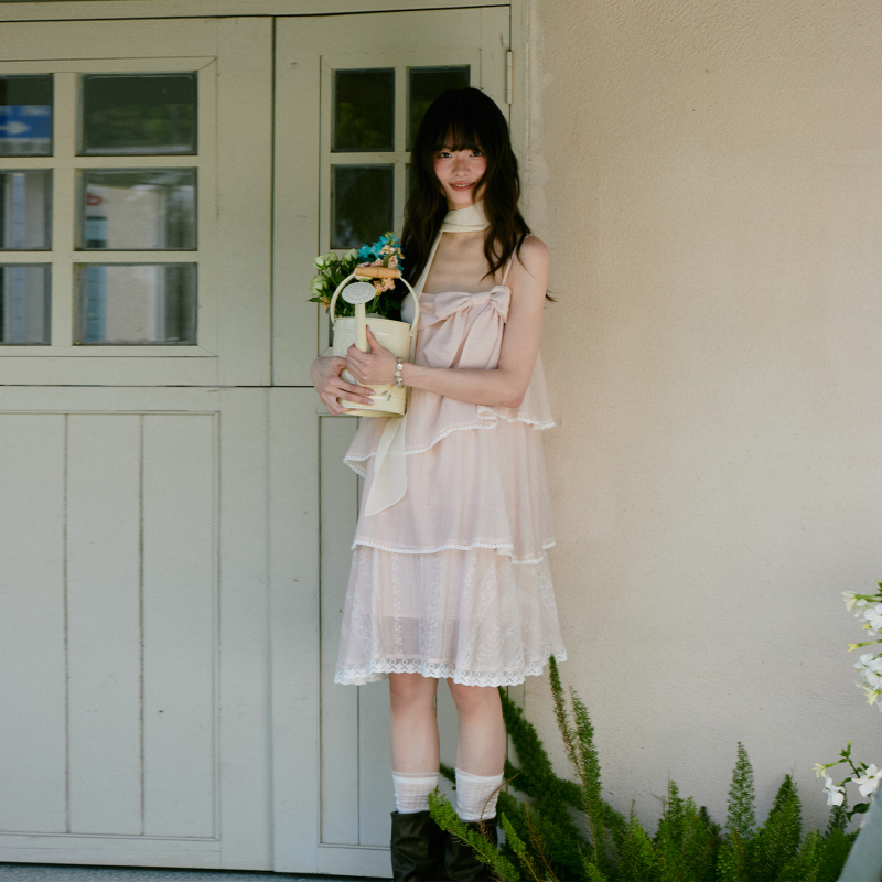 Amweird 26Ss “Hazy Confession” Bow Multi-Layered Cake Skirt Lace Dress Long Style for Women