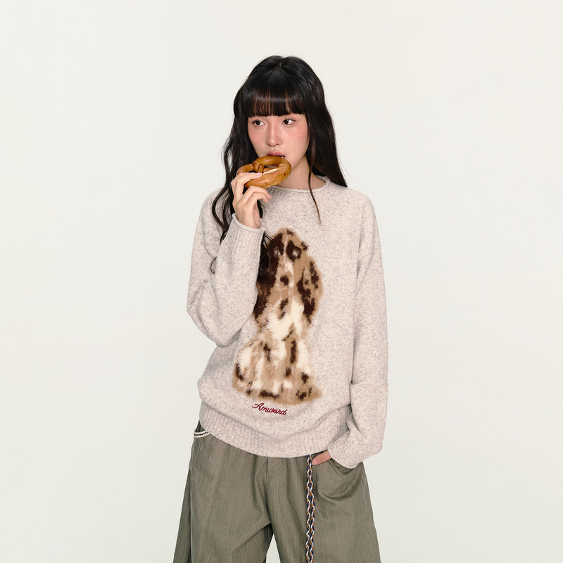 Amweird 25Aw'Fuzzy Little Dog' Hand-Painted Pattern Imitation Mink Jacquard Embroider Knitted Pullover Sweater