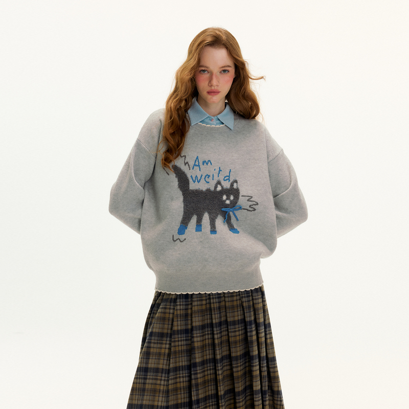 Amweird 24Aw “Kitten Kaka” Kitten Jacquard Pullover Round Neck Knit Sweater Cute Autumn and Winter Women's
