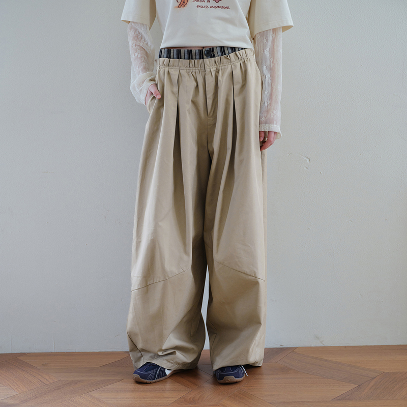 Amweird 26Ss “Lazy and Casual” Tencel Cotton Double Waistband Spliced Ruffled Loose Wide-Leg Casual Pants