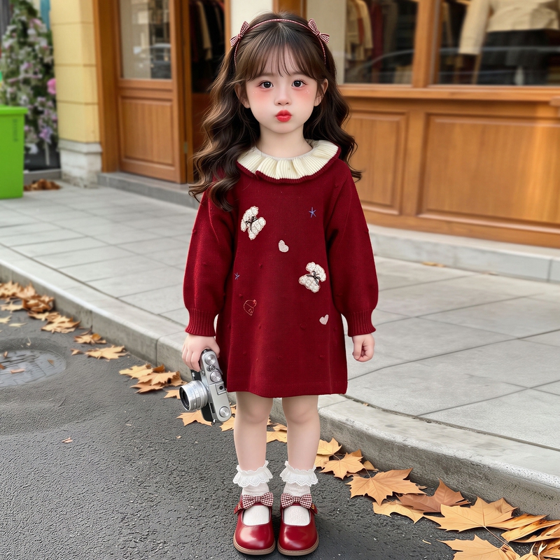 Girls' Knitted Dress for Autumn and Winter 2026 New Style Long-Sleeved Doll Collar Bear Embroidery Autumn Dress Stylish Sweater Dress Girls' Knitted Dress for Autumn and Winter 2026 New Style Long-Sleeved Doll Collar Bear Embroidery Autumn Dress Stylish Sweater Dress