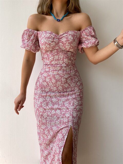 Womenfloraloffshoulderdress European and American women's one-shoulder print slit dress