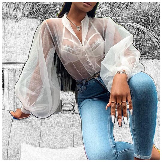 Lantern sleeve shirt puff sleeve see-through mesh blouse women's T-shirt buttoned cardigan transparent blouses
