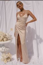 Женское платье slit evening dress杏色吊带无袖高腰开叉不规则性感晚礼服连衣裙 OTHER