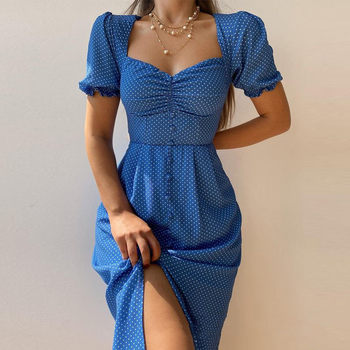 Womensexyprintedshirtdress female European and American blue button print dress