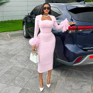 European and American Autumn Square-Neck Long-Sleeved Dress with Feather Decoration, High Waist, Slimming Effect, Women's Sexy Party Dress