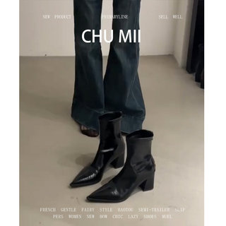 羊皮版~法式粗跟短靴女复古尖头高跟小踝靴气质百搭弹力瘦瘦靴