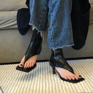 超COOL!凉靴子女夏短筒不过膝黑色后拉链镂空方头细跟高跟夹脚靴