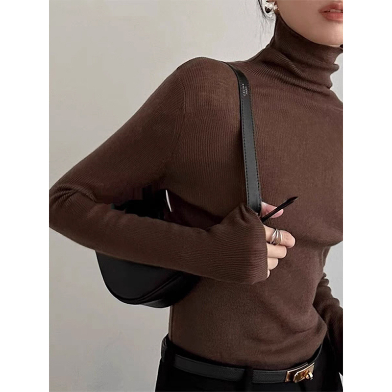 Merino Superfine Worsted Wool Turtleneck Knit Base Layer for Women, Slim Fit Pullover with Stacked Collar, Thin Style Inner Sweater