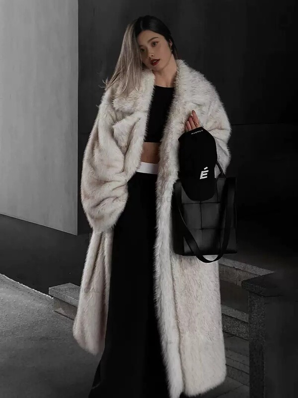 Cross-Border European and American Autumn and Winter New Eco-Friendly Faux Fur Women's Long Suit Collar Faux Fox Fur Coat