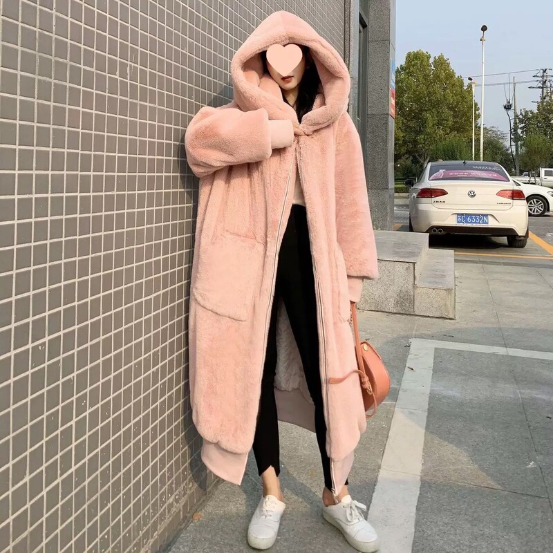 2021 Autumn and Winter New Gigi Style Faux Rex Rabbit Fur Thickened Long Hooded Fur Coat for Women