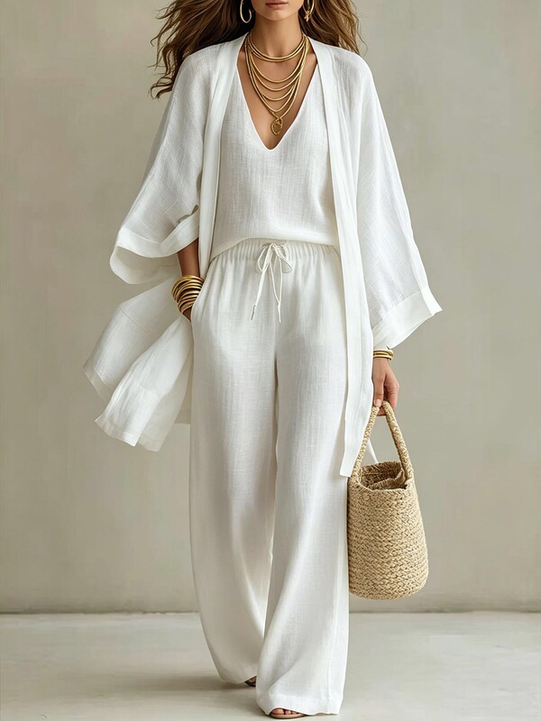 2026 New European and American Cross-Border Amazon Independent Store Loose Camisole Wide-Leg Pants Cardigan Three-Piece Set