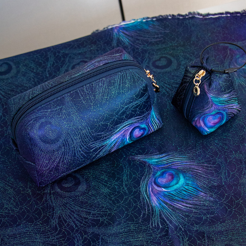 Shangjiu Kui Brocade Fabric with Deep Blue Peacock Feathers Mini Makeup Storage Bag, Zongzi Shell Earphone Bag Shangjiu Kui Brocade Fabric with Deep Blue Peacock Feathers Mini Makeup Storage Bag, Zongzi Shell Earphone Bag