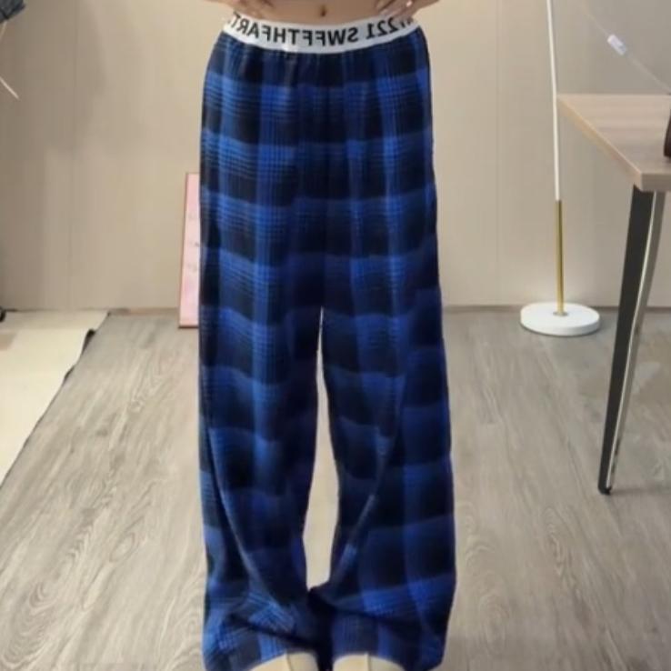 W12S Original Trendy Street Retro Plaid Patchwork Casual Pants for Women 2025 Spring Slimming Loose Drape Wide-Leg Pants