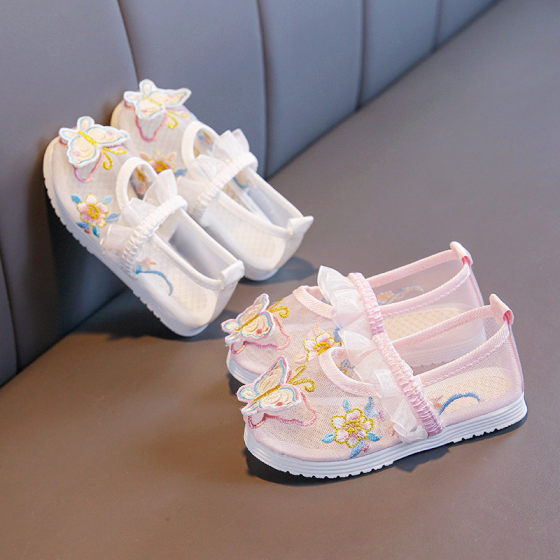 Hanfu shoes, children's ancient embroidered shoes, girls' ancient style hollow shoes, costume summer horse-faced skirts, mesh shoes, dance shoes