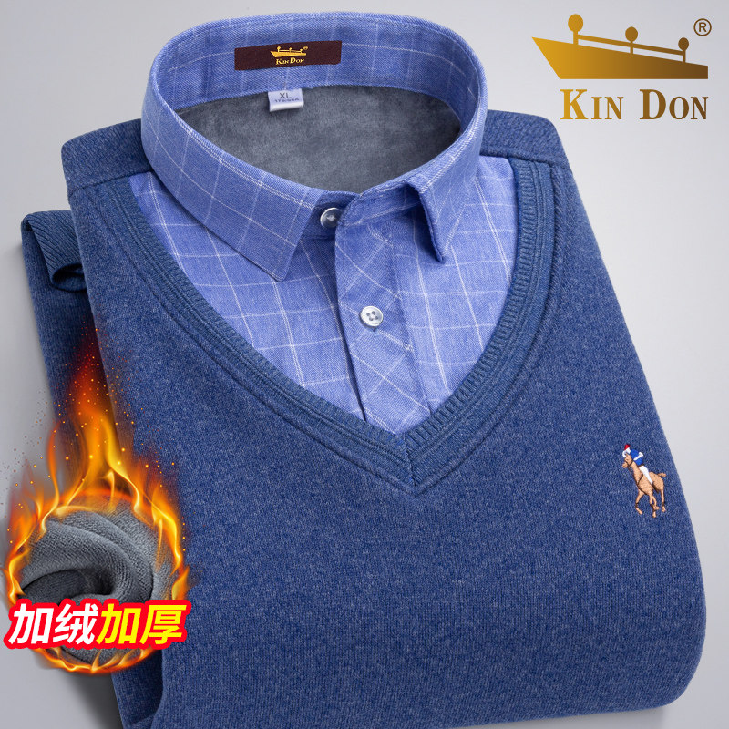 KIN DON DON GOLDEN SHIELD FAKE TWO NEW SHIRTS COLLAR HOODED SWEATSHIRT THICKEN PLUS SUEDE ELDERLY DAD DRESS