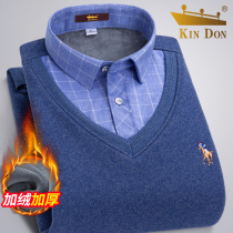 KIN DON DON GOLDEN SHIELD FAKE TWO NEW SHIRTS COLLAR HOODED SWEATSHIRT THICKEN PLUS SUEDE ELDERLY DAD DRESS