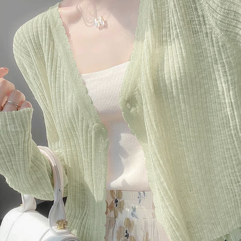 Mint Green Mambo Style Ice Silk Knitted Sun Protection Cardigan Jacket for Women, Thin Slip Dress, Shawl, Cover-Up, Short Top for Summer