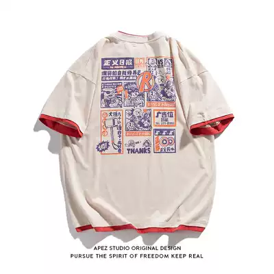 APEZ summer Japanese trend fake two short sleeve T-shirt male five-point couple Hip Hop Street Tide brand loose T-shirt