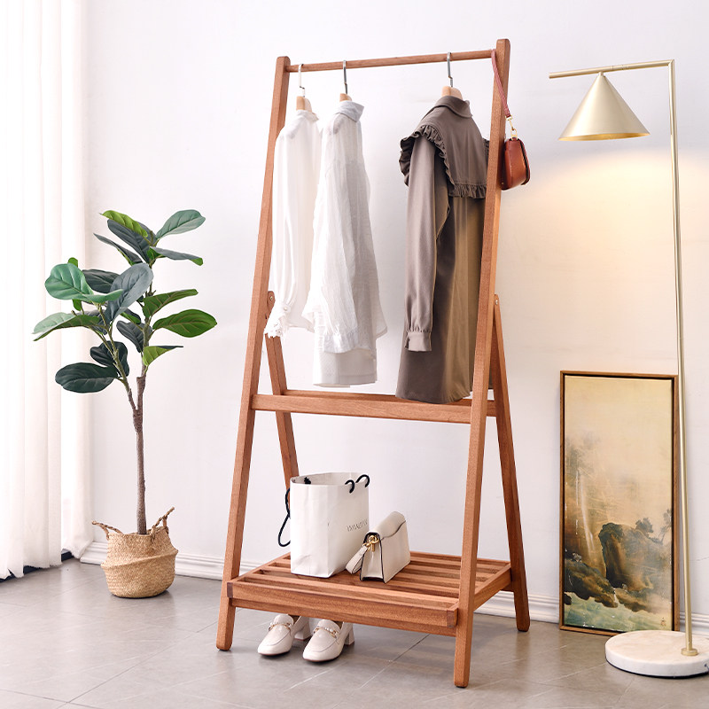 All solid wood coat rack floor hanger walnut Nordic Japanese modern minimalist clothes rack mobile folding