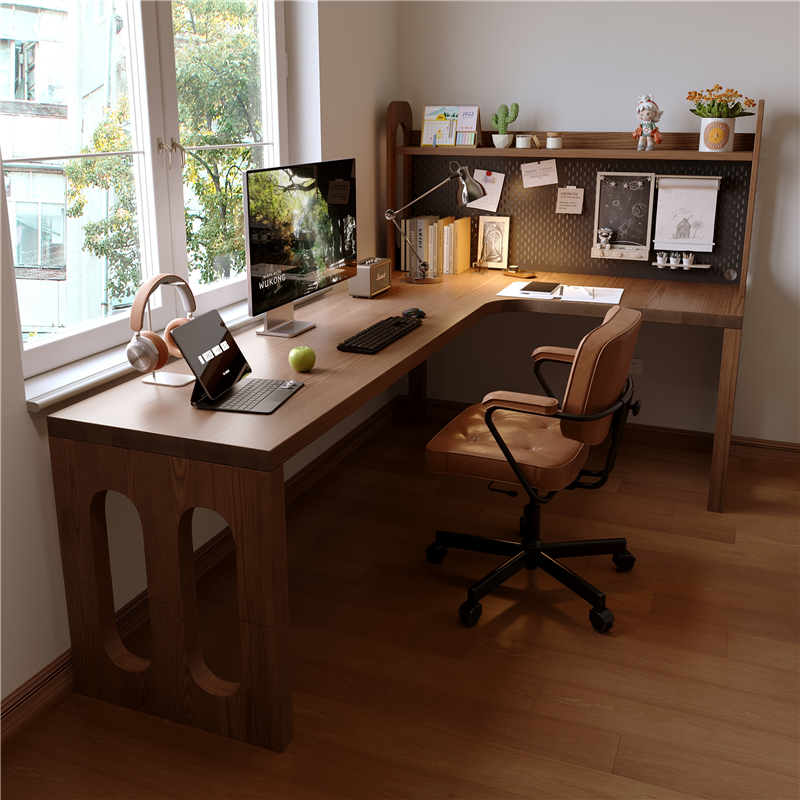 Solid Wood Corner Desk with Bookshelf Integrated Against the Wall, Computer Desk in a 7-Shaped L, Study Desk, Corner Office Desk, Workbench Solid Wood Corner Desk with Bookshelf Integrated Against the Wall, Computer Desk in a 7-Shaped L, Study Desk, Corner Office Desk, Workbench