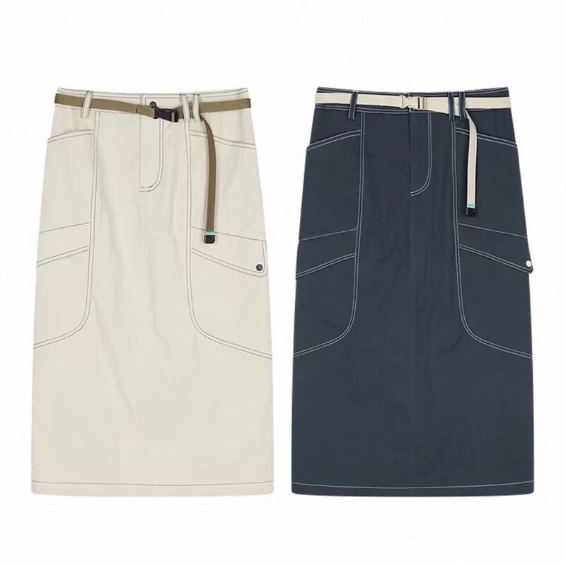 10750-Color-Contrasting Line Workwear Slit Skirt