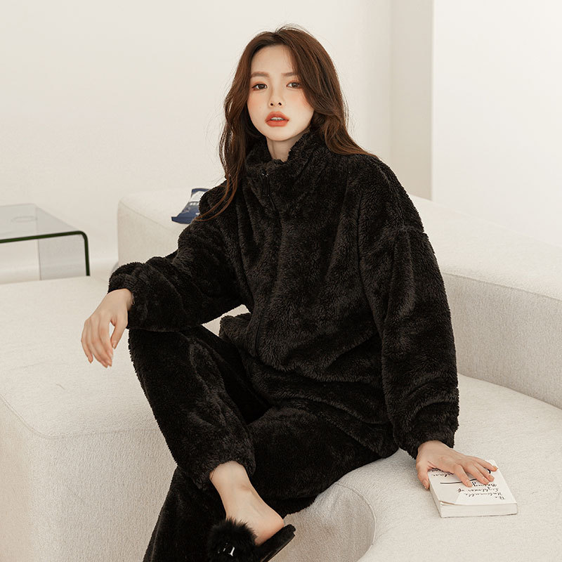 Coral Fleece Pajamas for Women, Winter 2026 New Style, Autumn and Winter Zipper, Internet Celebrity Style, Black, Thickened and Fleece-Lined Set