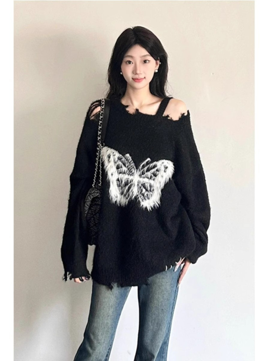 2023 New plush butterfly knot Lazy Wind Sweater Woman Loose Autumn Winter Design Sensation Dash-weaters-Taobao