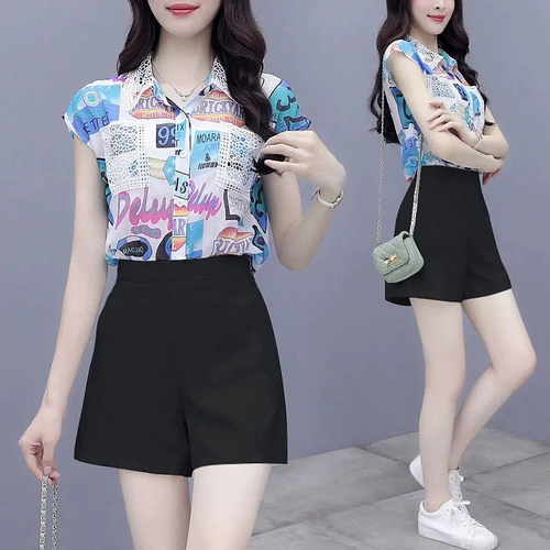 Летний шифоновый комплект, большой размер, подходит для полных девушек, короткий рукав, по фигуре, свободный крой