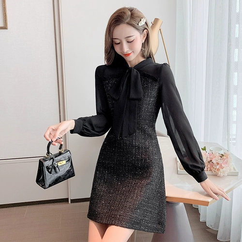 Осеннее платье, приталенный корсет, черный шифоновый лонгслив, юбка, 2020