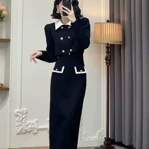 Весенний комплект, черное платье, в стиле Шанель, 2024 года, тренд сезона, по фигуре
