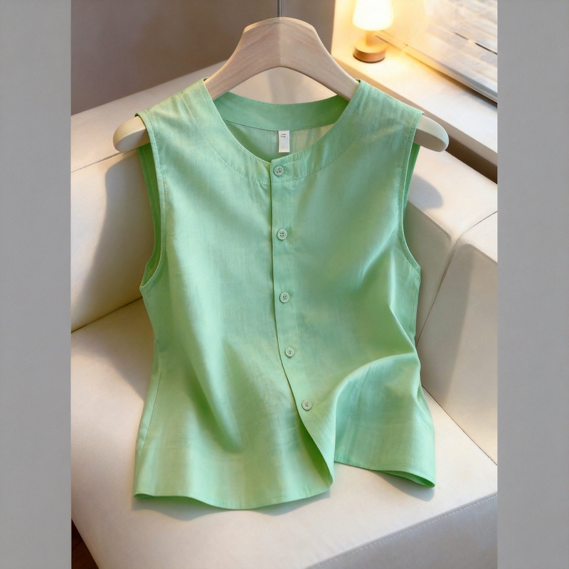 2026 Summer New Green Sleeveless Shirt for Women, Casual Everyday Versatile Commuter Cardigan Top with a High-End Feel