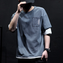 Japanese Tide brand loose size fake two short sleeve T-shirt men fat fat fat big shirt summer thin t