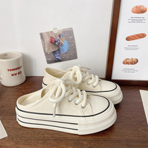 Korean chic niche big-head half-drag one-leg white shoes for women spring and summer new cream thick-soled two-wear canvas shoes