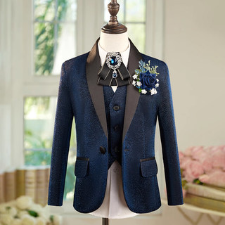 儿童西装套装男童藏青色亮丝时尚舞台小主持人礼服高端钢琴演出服