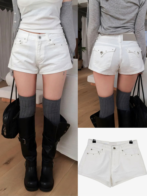 【Pocket Rivets】Hot Girl Style Denim Shorts with Built-In Hip Pads for Women, Summer Korean Style Slimming Butt-Hugging Hot Pants